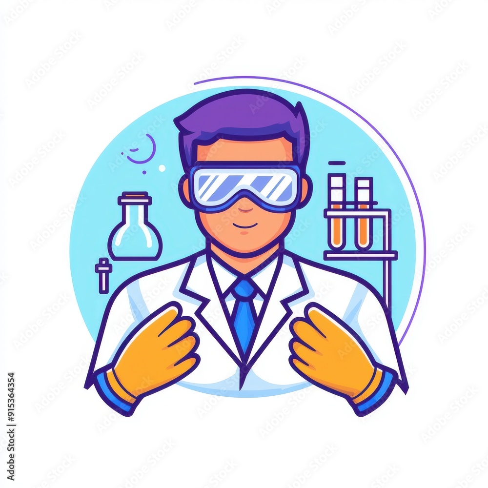Laboratory safety, scientist with gloves and goggles, flat design illustration