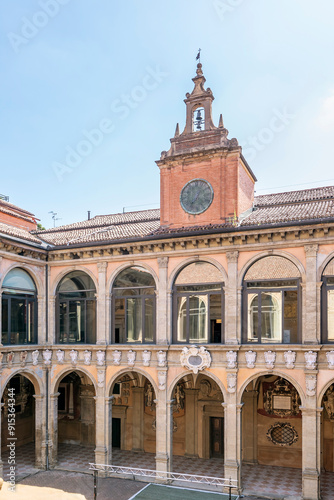 The exterior of the ancient Archiginnasio of Bologna, Italy