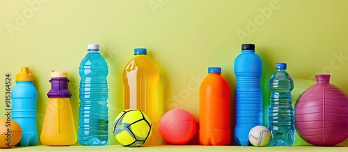 Collection of sports gear and a water bottle on a colorful background. with copy space image. Place for adding text or design