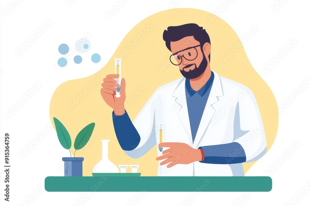 Scientist in lab, holding test tube, flat design illustration Scientist in lab, holding test tube, flat design illustration