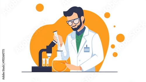 Scientist measuring liquid, precision in lab, flat design illustration