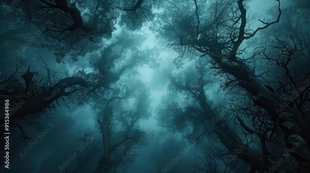 Obraz premium Illustrate a haunted forest, where twisted trees and fog obscure lurking nightmares, capturing the essence of psychological terror from above with a twist in the camera angle