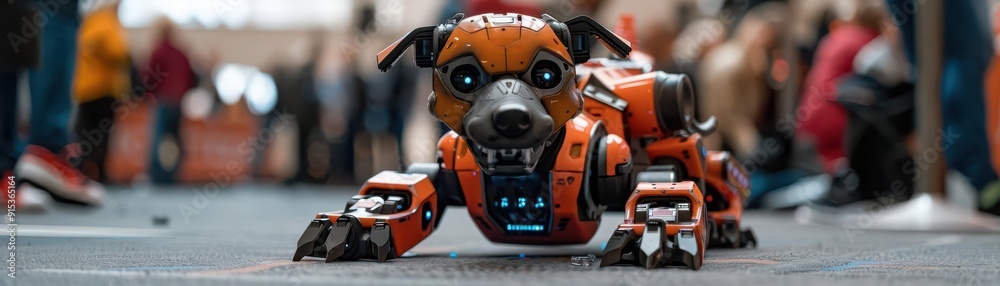 Illustrate a robotic dog causing mayhem at a future tech convention, showcasing a comedic scene with an unconventional low-angle perspective Illustrate a robotic dog causing mayhem at a future tech convention, showcasing a comedic scene with an unconventional low-angle perspective