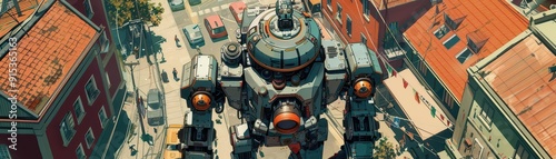 Illustrate a robot towering above