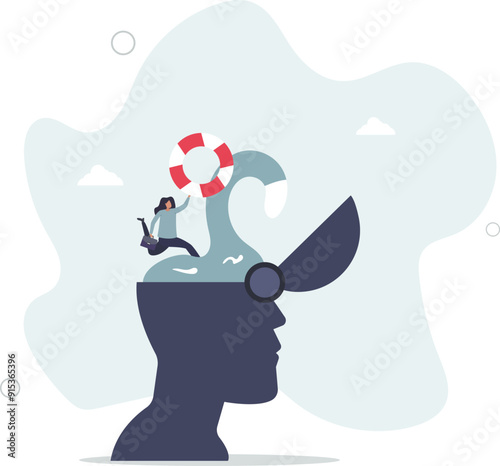 Mental illness therapy or help, depression or anxiety disorder rescue, psychology or stressed healing concept.flat design with people.
