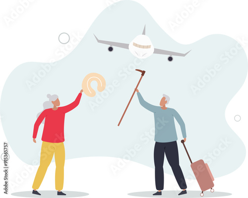 Elderly tourists concept. Grandfather with suitcase and grandmother. Travelers and tourists. Holidays and vacations in tropical countries.flat design with people.