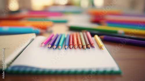 Close-up of colorful markers and an open notebook on a teacher's desk blurry classroom setting in the background