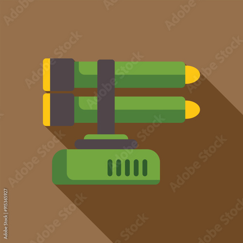 Multiple rocket launcher standing on platform casting long shadow on brown background