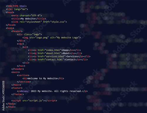 Simple Website HTML Code with Colorful Tags in Code Editor on Dark Background. Vector Illustration. Software Web Developer Programming Education Concept Background.