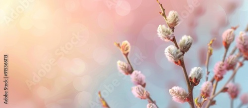 Soft Spring nature backdrop featuring a pussy willow branch Close up of a blooming willow branch on a blurred gradient pastel nature background Spring Easter template banner with copyspace