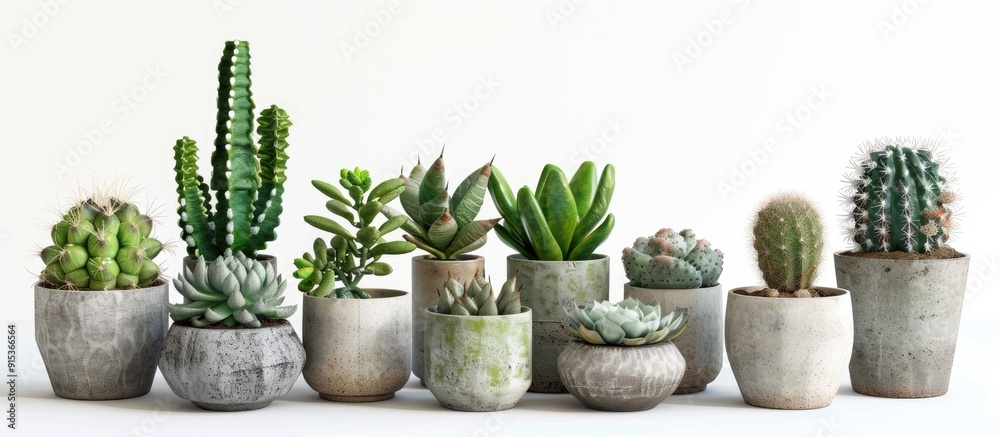 A collection of potted cactus and succulents on a white table. with copy space image. Place for adding text or design A collection of potted cactus and succulents on a white table. with copy space image. Place for adding text or design