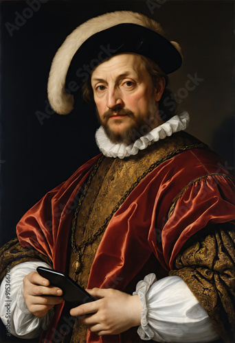 Renaissance-style painting portrait of a count in royal attire holding a smartphone in his hand, Generative AI
