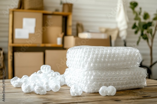 Clear packing materials are stacked on a wooden table, surrounded by loose packing peanuts, with organized cardboard boxes in a bright workspace photo