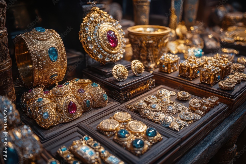 opulent treasure trove cascading golden jewelry glittering gems antique coins ornate artifacts rich textures dramatic lighting sumptuous composition opulent treasure trove cascading golden jewelry glittering gems antique coins ornate artifacts rich textures dramatic lighting sumptuous composition
