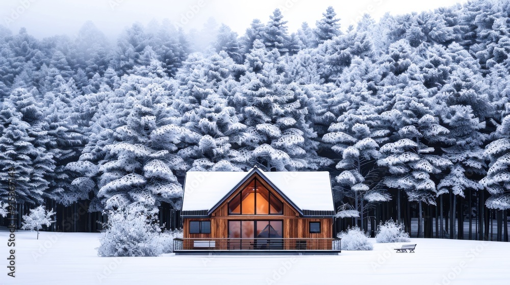 A cozy wooden cabin sits in a serene winter landscape, blanketed in snow, embraced by towering evergreen trees and a soft, quiet ambiance A cozy wooden cabin sits in a serene winter landscape, blanketed in snow, embraced by towering evergreen trees and a soft, quiet ambiance