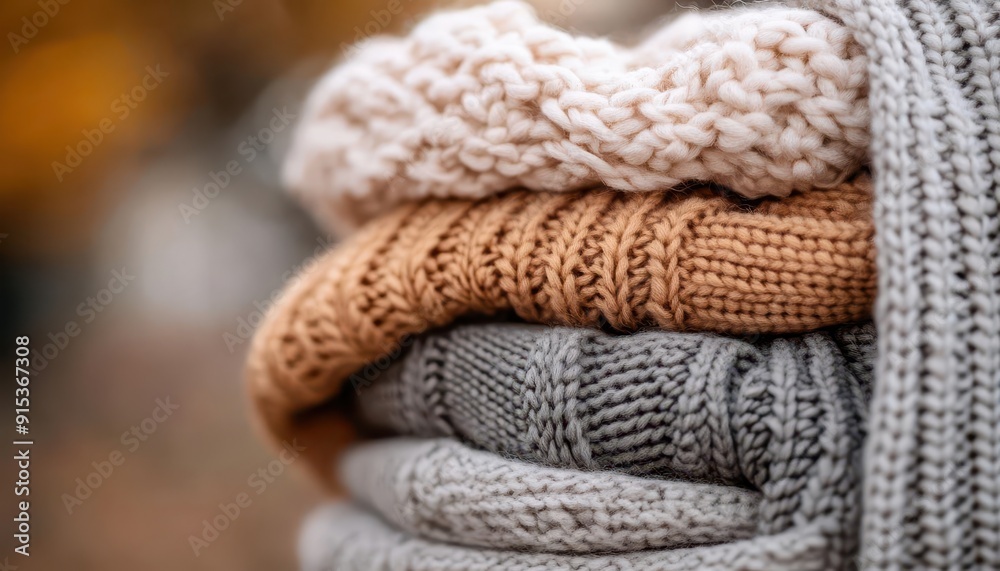 Cozy sweaters, warm textures, fall fashion, closeup, inviting Cozy sweaters, warm textures, fall fashion, closeup, inviting