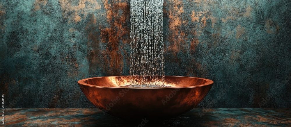Water flows into the copper wash basin. with copy space image. Place for adding text or design Water flows into the copper wash basin. with copy space image. Place for adding text or design