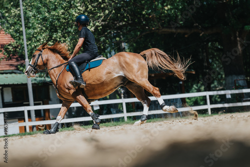 Person riding horse in a sandy arena at an equestrian facility, highlighting the athleticism and connection between rider and horse.