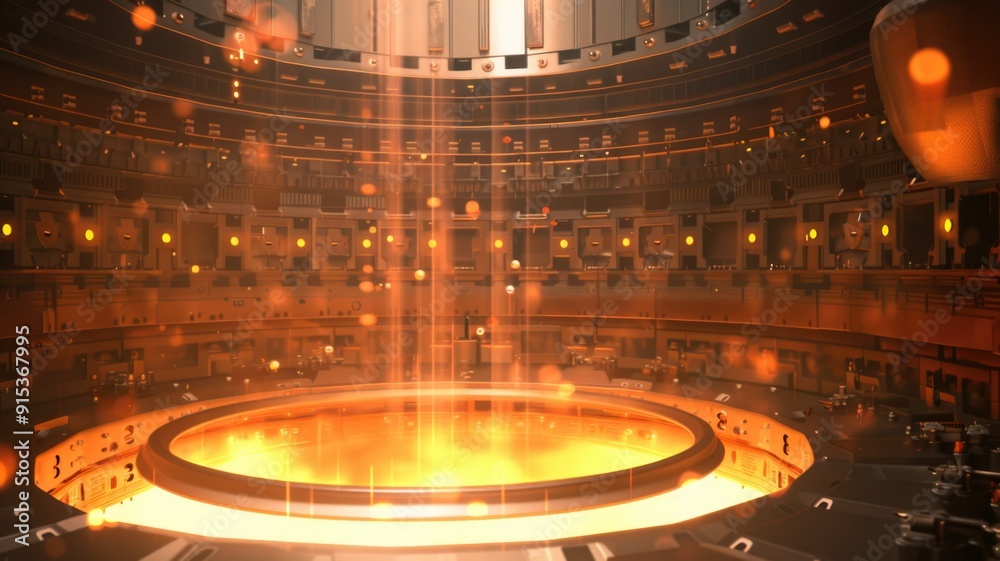A visualization of a controlled nuclear fission reaction in a reactor core, illustrating the chain reaction and energy production A visualization of a controlled nuclear fission reaction in a reactor core, illustrating the chain reaction and energy production