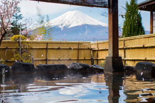 Japanese Onsen with Mount Fuji View and Falling Cherry Blossoms photo