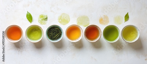 Panel kuchenny z motywem A selection of green tea in a ceramic cup set against a white textured background Top view Copy Space