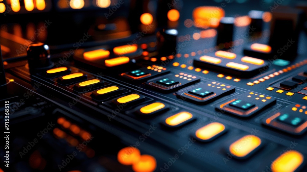 The glowing buttons and knobs of a mixing console create an ambient atmosphere, enhancing creativity during a late-night music production The glowing buttons and knobs of a mixing console create an ambient atmosphere, enhancing creativity during a late-night music production