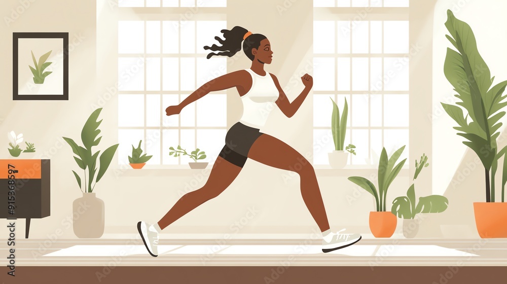 Young woman running on a treadmill at home. Young woman running on a treadmill at home.