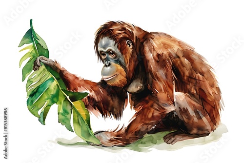 Watercolor Illustration of an Orangutan Holding a Leaf. photo