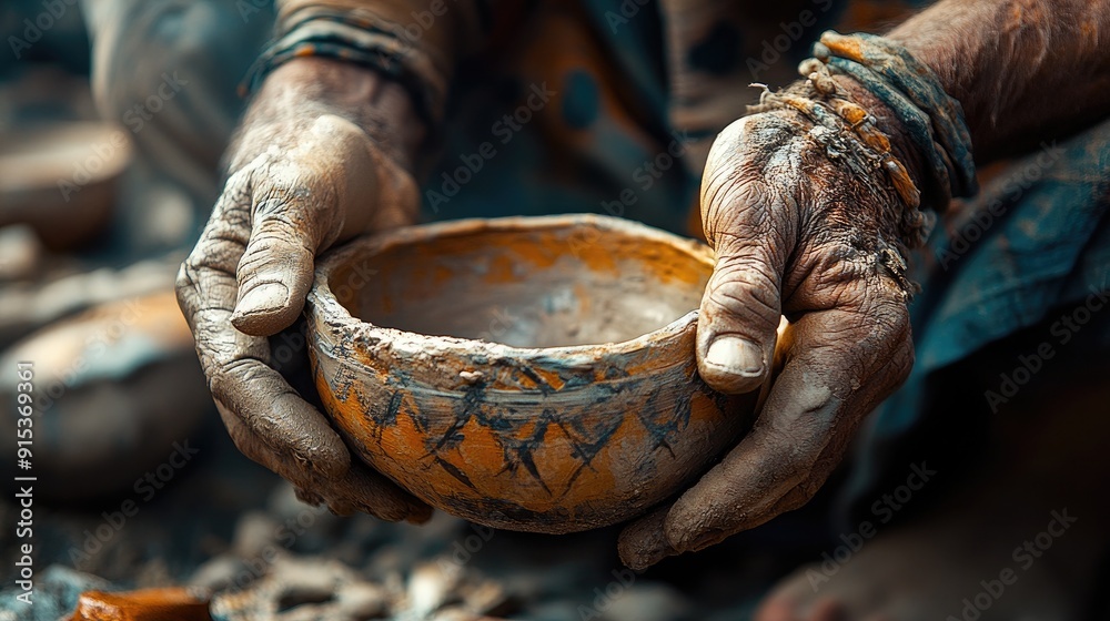 Close-up of a craftsperson's hands working on a piece of art, detailed craftsmanship Close-up of a craftsperson's hands working on a piece of art, detailed craftsmanship