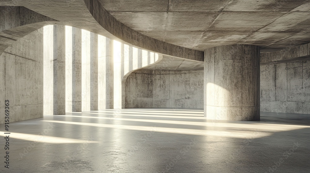 Empty concrete room with pillars and sunbeams shining through windows. Empty concrete room with pillars and sunbeams shining through windows.