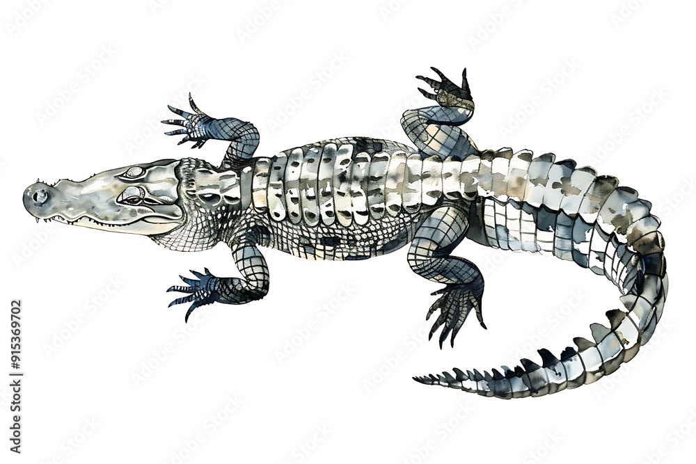 Naklejka premium Watercolor Illustration of a Crocodile with a White Background.
