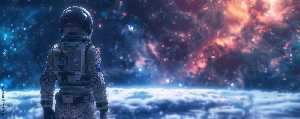 Rear view of an astronaut in a sleek Rear view of an astronaut in a sleek