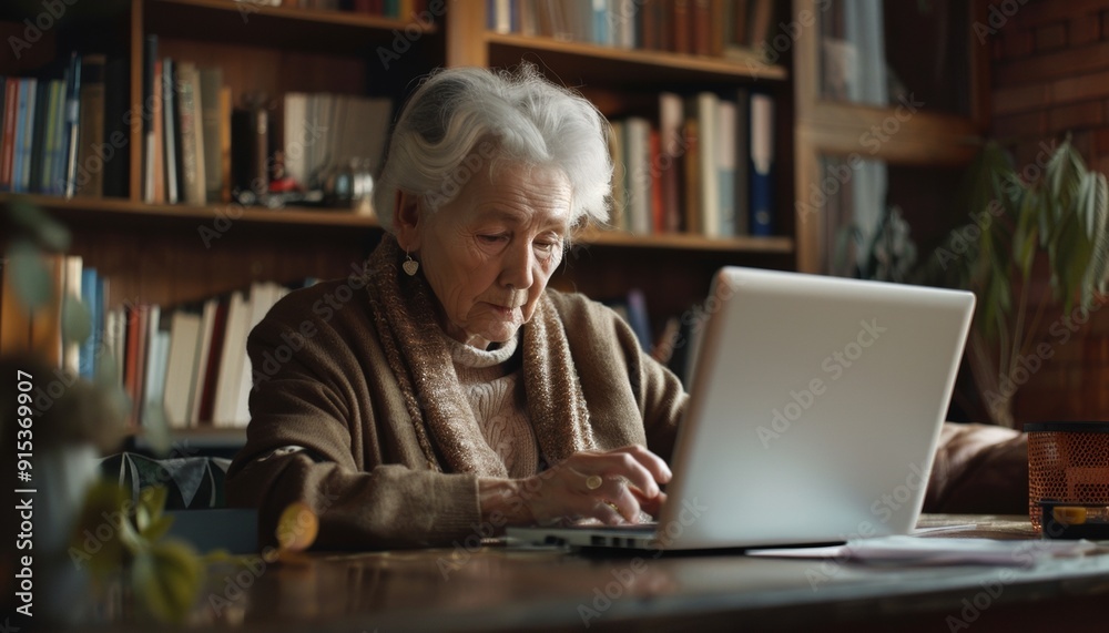 Senior Woman Concentrating While Working on Laptop in Home Office Setting Senior Woman Concentrating While Working on Laptop in Home Office Setting