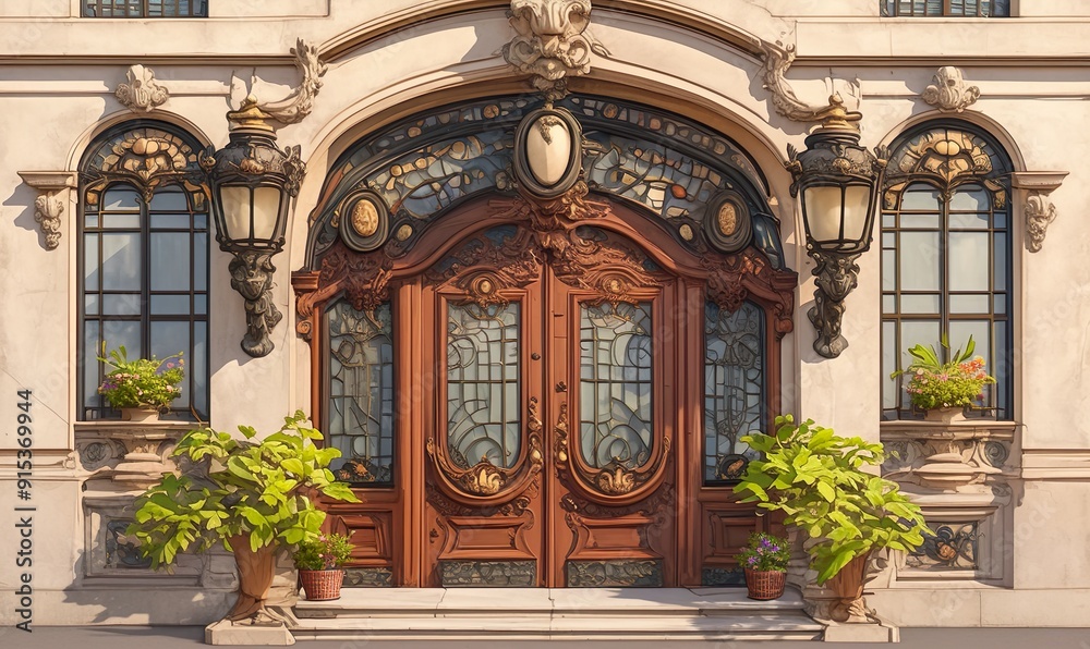 Art Nouveau doors with intricate wooden frames with a beautiful woman in the center Art Nouveau doors with intricate wooden frames with a beautiful woman in the center