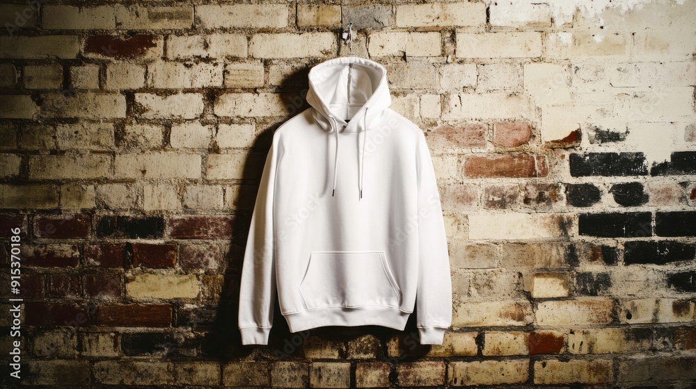 A white hoodie dangles from a hook, illuminated by soft light, appearing against a textured brick wall in a creative urban setting A white hoodie dangles from a hook, illuminated by soft light, appearing against a textured brick wall in a creative urban setting