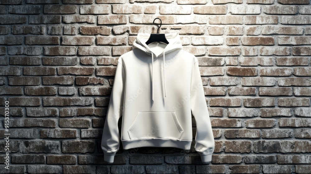 A simple white hoodie is elegantly displayed on a hanger, contrasted beautifully against a textured brick wall, illuminated by warm sunlight A simple white hoodie is elegantly displayed on a hanger, contrasted beautifully against a textured brick wall, illuminated by warm sunlight