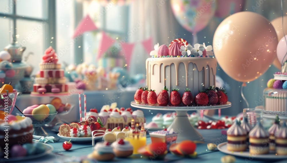 Celebratory Table with Cake, Balloons, and Sweet Treats for Festive Occasion Celebratory Table with Cake, Balloons, and Sweet Treats for Festive Occasion