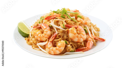 Delicious Pad Thai noodles, adorned with juicy shrimp, bean sprouts, and a sprinkle of red chili flakes, displayed on a white plate, isolated on transparent background