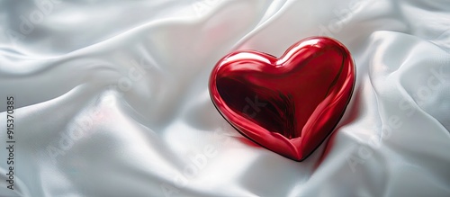 Red Box Jewelry heart positioned on white fabric. with copy space image. Place for adding text or design