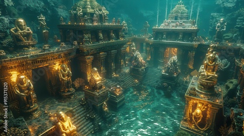 Worms-eye view of an underwater ancient temple