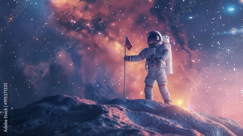 Worms-eye view of an astronaut planting a flag on a minimalist, alien landscape under a vast galaxy, CG 3D rendering with smooth textures, emphasizing simplicity and cosmic wonder