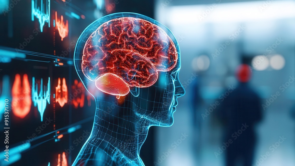 Obraz premium Stroke treatment and recovery, holographic brain mapping, futuristic medical technology