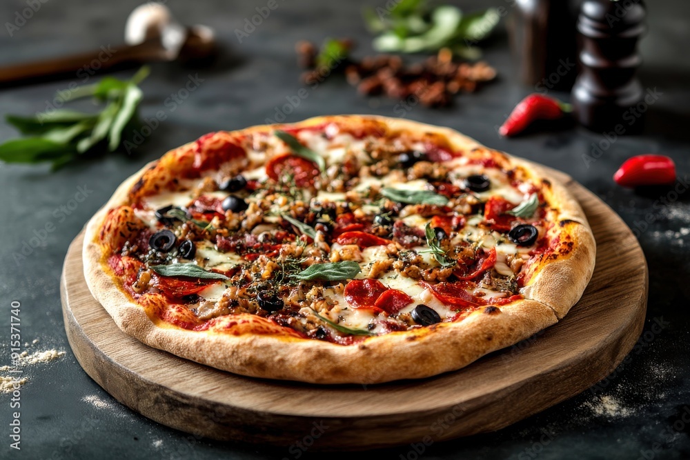 The warm, inviting aroma of a beautifully crafted pizza fills the air, showcasing a medley of toppings and a golden-crusted base The warm, inviting aroma of a beautifully crafted pizza fills the air, showcasing a medley of toppings and a golden-crusted base