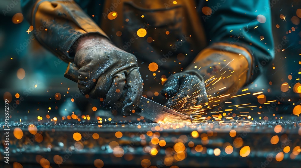 A close-up of someone sharpening a lawnmower blade, detailed focus on the blade and sharpening tool, sparks flying, worn and rugged hands, workshop setting, hd quality, realistic textures, soft focus, A close-up of someone sharpening a lawnmower blade, detailed focus on the blade and sharpening tool, sparks flying, worn and rugged hands, workshop setting, hd quality, realistic textures, soft focus,