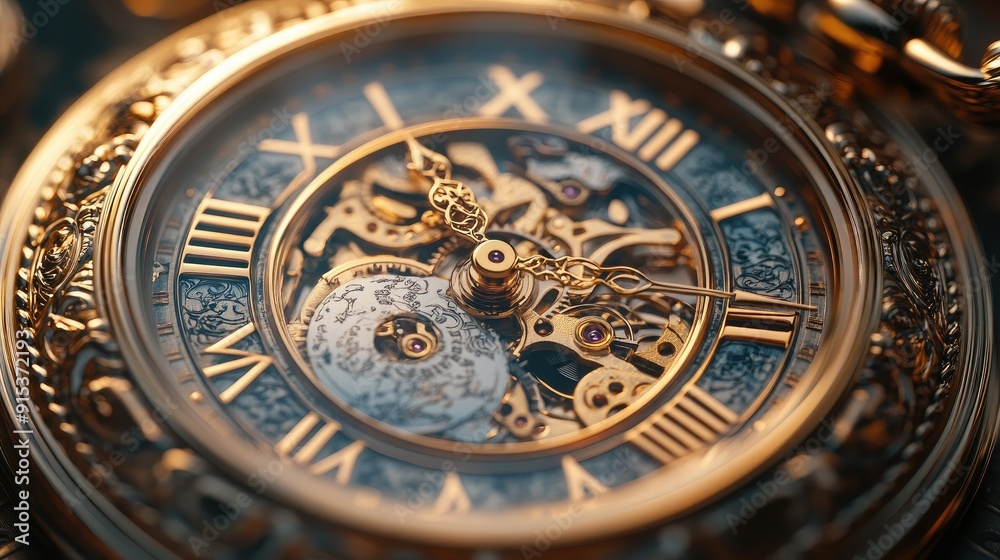 Detailed shot of a classic pocket watch with an open face, timeless elegance Detailed shot of a classic pocket watch with an open face, timeless elegance