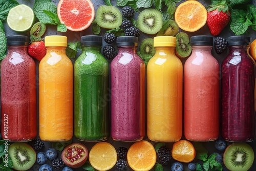 rainbow array of fresh fruit smoothies in glass bottles ingredients artfully scattered vibrant colors showcase health and vitality