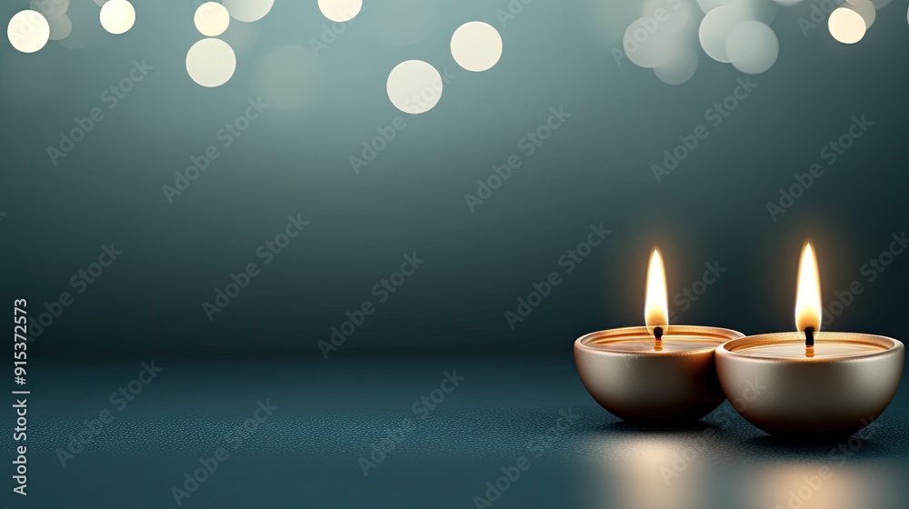 Two lit oil lamps adorn a beautiful mandala pattern on a blue-green gradient backdrop, creating a vibrant Diwali celebration atmosphere with bokeh lights Two lit oil lamps adorn a beautiful mandala pattern on a blue-green gradient backdrop, creating a vibrant Diwali celebration atmosphere with bokeh lights