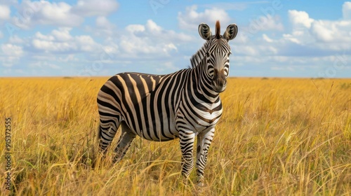 A zebra standing alone in the tall grass of an open plain, looking forward.