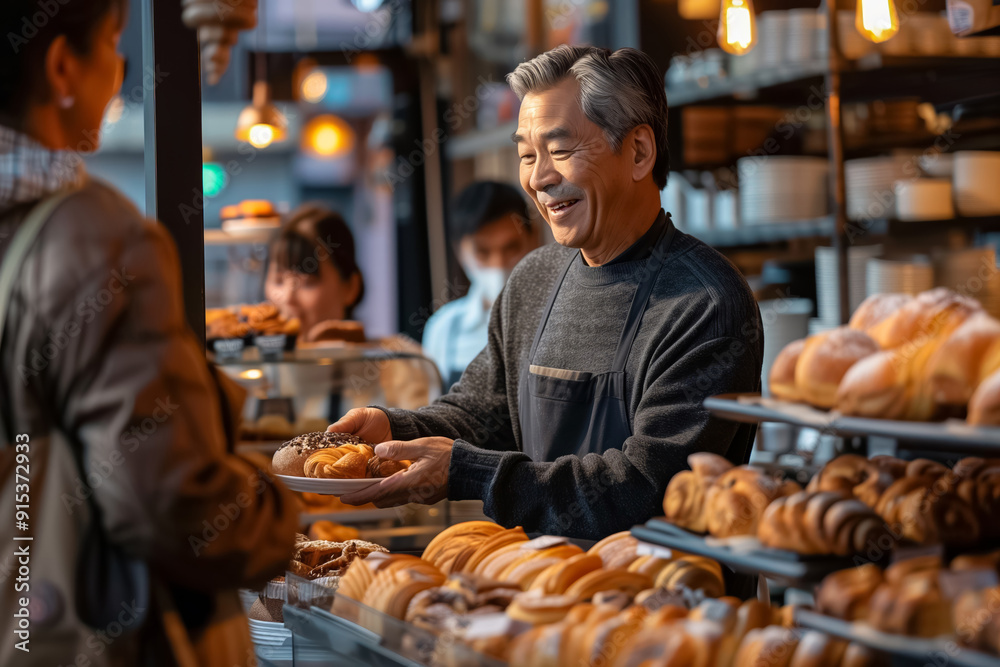 Senior baker serves a customer in a cozy bakery shop, with freshly baked goods on display, creating a warm and friendly atmosphere Senior baker serves a customer in a cozy bakery shop, with freshly baked goods on display, creating a warm and friendly atmosphere
