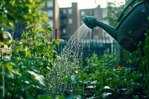 A watering can showers life-giving water over lush greenery in a thriving urban garden during the golden hour photo